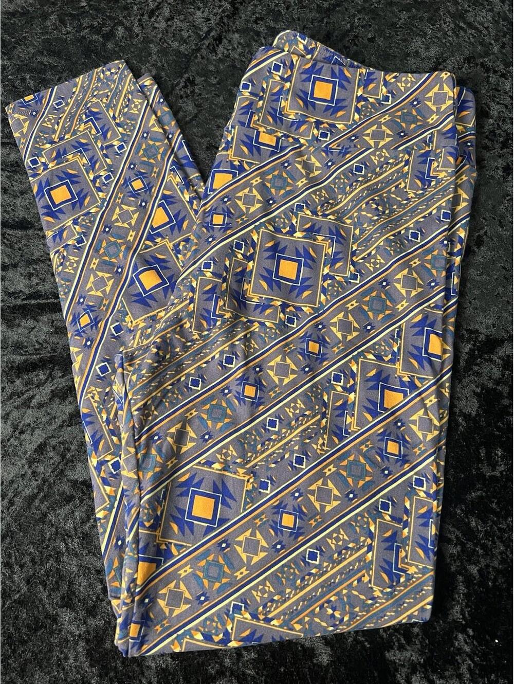 LuLaRoe Leggings Tall & Curvy TC Orange High Rise Blue White Diamonds NWOT